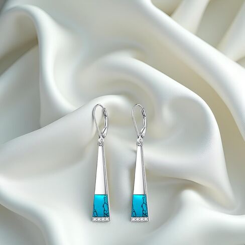Turquoise Earrings for Women S925 Sterling Silver Leverback Dangle Earrings Trapezoid Jewelry Valentine's day Gift for Thanksgiving Christmas in Kuwait