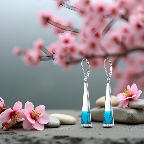 Turquoise Earrings for Women S925 Sterling Silver Leverback Dangle Earrings Trapezoid Jewelry Valentine's day Gift for Thanksgiving Christmas in Kuwait