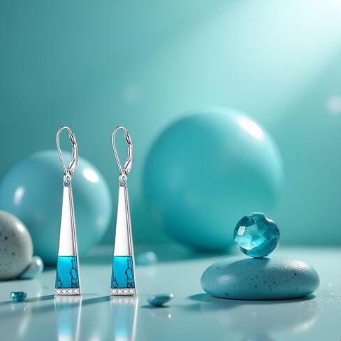 Turquoise Earrings for Women S925 Sterling Silver Leverback Dangle Earrings Trapezoid Jewelry Valentine's day Gift for Thanksgiving Christmas in Kuwait