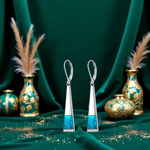 Turquoise Earrings for Women S925 Sterling Silver Leverback Dangle Earrings Trapezoid Jewelry Valentine's day Gift for Thanksgiving Christmas in Kuwait