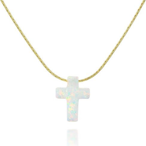 White Opal Cross On Dainty Gold Filled Choker Necklace - Handmade Collar 13.5 inch + 3 inch Extender in Kuwait