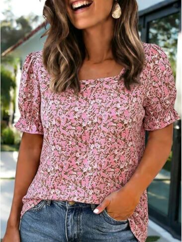 حجم كبير 1XL-5XL المرأة بلوزة الأزهار فضفاضة كشكش ساحة الرقبة قصيرة الأكمام مطبوعة بيبلوم المحملة in Saudi Arabia