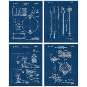 مطبوعات براءة اختراع لمعدات الطبول العتيقة، 4 (8 × 10) صور غير مؤطرة، هدايا ديكور فني للحائط أقل من 20 عامًا للمنزل والمكتب والجراج ورجل الكهف دي جي وموسيقي وطالب جامعي ومعلم مدرسة روك باند الطبال مروحة in Kuwait