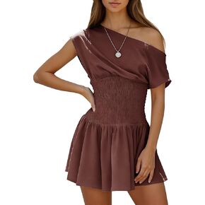 Women's One Shoulder Mini Dress Off Shoulder Boho Slouchy Smocked Waist Ruffle Hem with Pockets Summer Beach Sundress in Kuwait