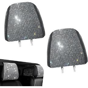 2 PCS Bling Car Headrest Covers, Stylish Rhinestone Head Rest Cover Protector with Snap, Easy to Install Car Interior Decoration Accessories, Universal for Most Cars (Black) in Kuwait