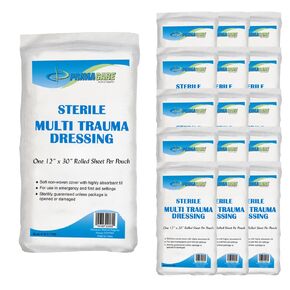 Primacare WT-7705-CS Pack of 25 First Aid Sterile Multi Trauma Gauze Pad Dressing for Stopping Heavy Bleeding in Large Open Wounds, Treating Lacerations and Piercing Injuries, 30" x 12", White in Kuwait