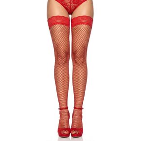 Women's Sexy Fishnet Thigh-High Stockings with Silicone Lace Top Sheer Pantyhose Hosiery for Women Red in Kuwait