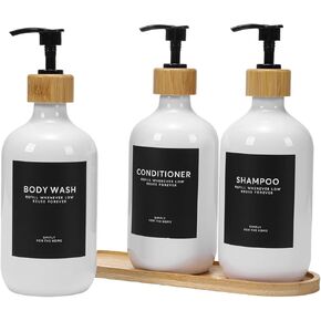 Shampoo and Conditioner Dispenser,16.9oz Set of 3 Plastic Refillable Shower Shampoo Dispenser with Bamboo Tray, Reusable Pump Bottles with Labels for Bathroom Décor (White+Bamboo Tray) in Saudi Arabia