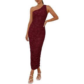 فستان Herou النسائي بكتف واحد مزين بالزهور بدون أكمام مكشكش فستان طويل أنيق لحفلات الكوكتيل مع بطانة للنساء in Kuwait