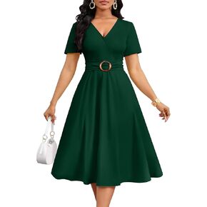 Nmoder Elegant Wrap Dresses for Women, Casual A-Line V Neck Short Sleeve Midi Dresses with Pockets & Belt Buckle in Kuwait