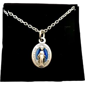 Tiny Miraculous Medal Necklace, Latin Version, Blue Enamel Accented Medal measures (.5 Inches), 20" Stainless Steel Cable Chain in Kuwait