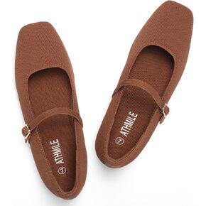 ATHMILE Square Toe Ballet Flats Mary Janes Shoes Women with Padded Heel & Adjustable Strap, Knit Slip-On Flats for Women for Office, Dressy & Casual, Machine Washable for Easy Care in Kuwait