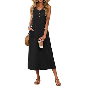 SimpleFun Womens Summer Dresses Casual Midi Sleeveless Button Front Beach Dress Vacation Sundresses with Pockets in Kuwait