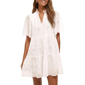 فستان نسائي صيفي بفتحة من Wenrine بأكمام قصيرة ورقبة على شكل حرف V من الدانتيل وكشكشة كاجوال للشاطئ فساتين تونيك صغيرة in Kuwait