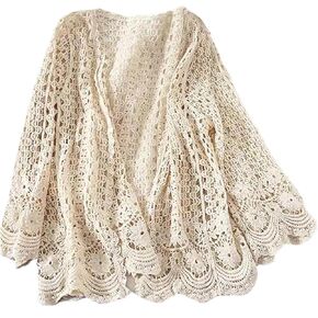 Summer Cardigans for Women Cotton Creamy White Long Sleeve Hollow-Out Crochet Knitwear Boho Floral Spring Breathable Lace Crochet Kimono Cardigan, Average Size in Kuwait