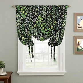 Green Leaves Tie Up Curtains for Window, Elegant Pastoral Summer Botanical Watercolor Thermal Balloon Shade Adjustable Rod Pocket Curtains Valance Panels for Kitchen Bathroom Café 34'' x 45'' in Kuwait