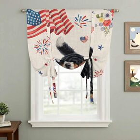 4th of July Tie Up Curtains for Window, Independence Day Usa Flag Dog Firework Flower Thermal Balloon Shade Adjustable Rod Pocket Curtains Valance Panels for Kitchen Bathroom Café 52'' x 45'' in Kuwait