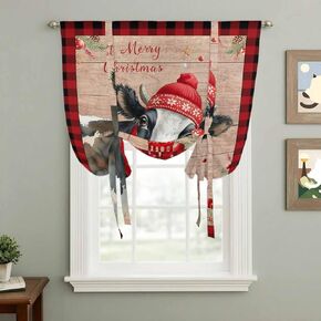 Red Christmas Tie Up Curtains for Window, Cow Farmhouse Plaid Xmas Botanical Wooden Thermal Insulated Balloon Shade Adjustable Rod Pocket Curtains Valance Panels for Kitchen Bathroom Café 42'' x 45'' in Kuwait
