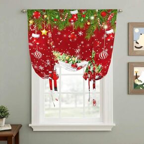 Red Christmas Tie Up Curtains for Window, Truck Pine Trees Branches Balls Snowflakes Thermal Insulated Balloon Shade Adjustable Rod Pocket Curtains Valance Panels for Kitchen Bathroom Café 42'' x 63'' in Kuwait