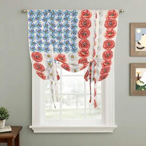 Independence Day Tie Up Curtains for Window, American Flag Red Blue White Flowers Thermal Insulated Balloon Shade Adjustable Rod Pocket Curtains Valance Panels for Kitchen Bathroom Café 34'' x 45'' in Kuwait