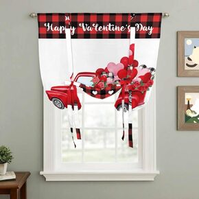 Happy Valentine's Day Tie Up Curtains for Window, Red Roses Car Love Heart Plaid Thermal Insulated Balloon Shade Adjustable Rod Pocket Curtains Valance Panels for Kitchen Bathroom Café 46'' x 63'' in Kuwait