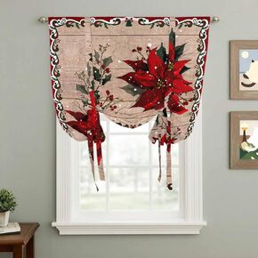 Christmas Poinsettia Tie Up Curtains for Window, Winter Xmas Red Floral Botanical Wooden Thermal Balloon Shade Adjustable Rod Pocket Curtains Valance Panels for Kitchen Bathroom Café 34'' x 45'' in Kuwait