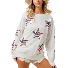 Womens Casual Pullover Sweatshirt Patriotic American Flag Stars Print Relaxed Fit Holiday Festival Top White in Kuwait