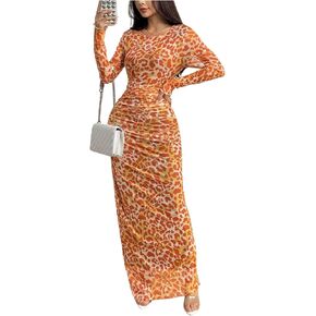 Women's Y2k Leopard Print Mesh Sheer Bodycon Maxi Dresses Cheetah Long Sleeve Elegant Formal Wedding Guest Dress in Kuwait