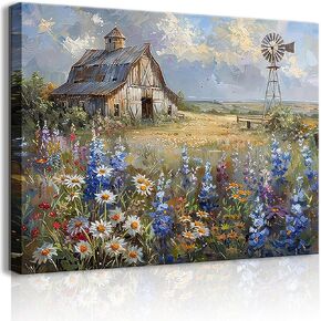 Barn Windmill Canvas Wall Art Blue Country Wildflowers Meadow Wall Decor Country Farmhouse Landscape Picture Poster Print for Kitchen Living Room Bedroom Ready to Hang (12x16in Canvas) in Saudi Arabia