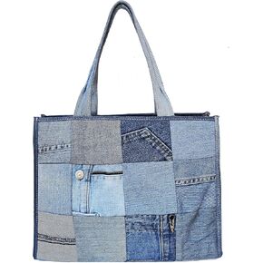 Upcycled Denim Patchwork Tote Bag for Women, Handmade Quilted Jean Purse, Large Vintage Top Handle Handbag in Kuwait