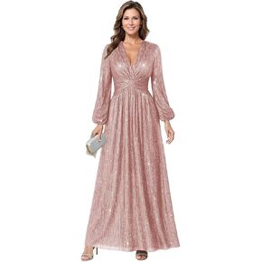 Long Sleeve Wedding Guest Dress Glitter Tulle Mother of The Bride Dresses for Women V Neck Formal Gown in Saudi Arabia