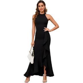 Black Formal Dresses for Women Gowns Halter Neck Split Wrap Ruffle Mermaid Cocktail Dress Wedding Guest Dresses in Kuwait