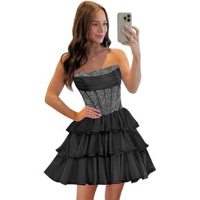 Sequin Chiffon Tiered Homecoming Dresses A-Line Strapless Ruched Corset Short Prom Dress in Saudi Arabia