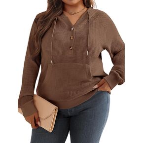 TAKEYAL Plus Size Hoodies for Women Waffle Knit Long Sleeve Drawstring Button V Neck Casual Pullover Sweatshirt in Kuwait