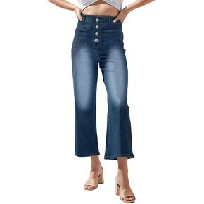 YOCUR Womens Cropped Jeans Elastic High Waist Crop Denim Flare Pants Wide Leg Button Patch Pockets Petite Capri Jeans in Kuwait