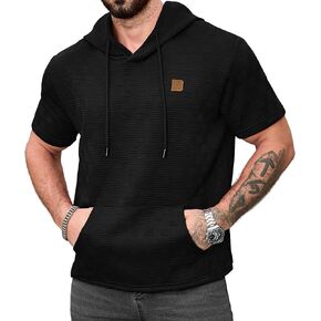 سترة بغطاء للرأس بأكمام قصيرة للرجال من Aiyino، بلوفر كاجوال خفيف الوزن بقلنسوة مع جيب الكنغر in Kuwait