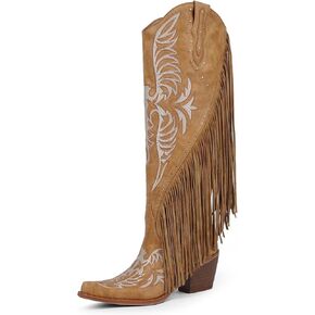 Cowboy Boots for Women Wide Calf Fringe Cowgirl Boots Embroidered Studded Pointed Toe Chunky Heel Western Knee High Boots Pull On Tall Boot in Kuwait