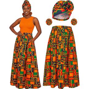 تنورة نسائية طويلة مطبوعة بطبعات إفريقية مع جيوب، طقم إكسسوارات بخصر عالٍ وخفيف الوزن ومطوي على شكل حرف A وتتسابق تنورة واسعة in Kuwait