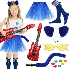 7 Pieces Blue Cat Costume Accessories Set Include Fluffy Kitty Ears Headband Tails Blue Tulle Tutu Skirt Stockings Yellow Glasses with 7 Felt Stickers for Story Book Day Halloween Party Cosplay in Kuwait