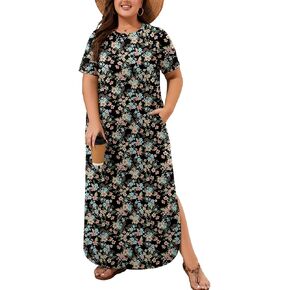 AusLook Plus Size Maxi Dresses for Women Summer Casual Long T Shirt Dress Crew Neck Flowy Beach Vacation Sundress with Pocket in Kuwait