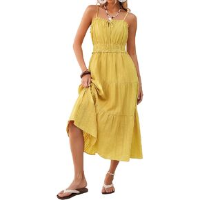 Kate Kasin Women Summer Casual Midi Dresses 2026, Spaghetti Strap Sleeveless Elastic Waist Dress, Boho Beach Sundress Pockets in Kuwait