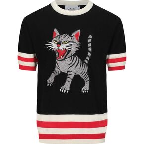 OXKNIT Men's Knit Black T-Shirt Short Sleeve, 1960s Mod Style Retro Embroidered Cat Pattern Shirts Crewneck Cotton Tops in Kuwait
