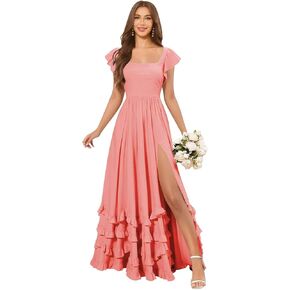GATMAHE Tiered Chiffon Bridesmaid Dresses for Women Ruched Ruffle Square Neck Long Formal Maxi Dress with Slit in Kuwait