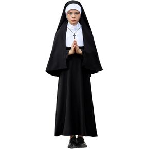 BesserBay Girls Gothic Nun Halloween Black Outfit 4-Piece Set with Headwrap High Neck Costume Dress and Cross Necklace 8 Years in Kuwait