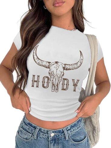 Crop Cowgirl Shirt for Women Cropped Country Concert Tops Chic Cow Skull Cowboy T-Shirt Rodeo Western Graphic Tee Outfit in Saudi Arabia