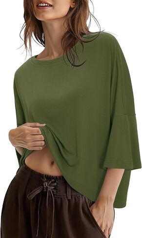 Totatuit المرأة عادية اقتصاص المتضخم تي شيرت 3/4 Batwing كم طاقم الرقبة القطن تي شيرت فضفاض المناسب الشاطئ تي شيرت in Kuwait