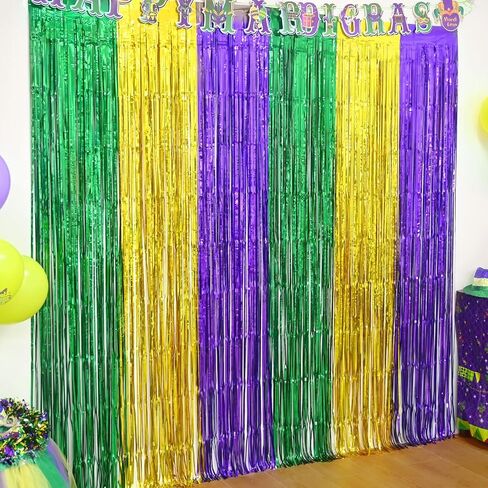 Mega-L Mardi Gras Party Decorations 2 Pack 3.3 × 6.6 قدم الذهب الأخضر الأرجواني بهرج بونسينز ستائر الهامش صور الدعائم in Kuwait