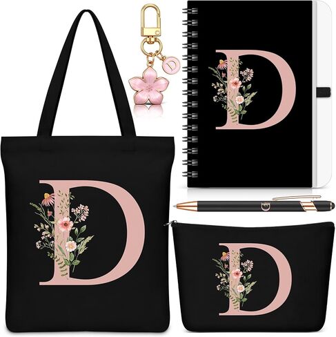 Talltalk 5 Pcs Personalized Women Gifts,Initial Tote Bag,Makeup Bag,Keyring,Notebook,Ballpoint,Black Alphabet Gifts for Women in Saudi Arabia