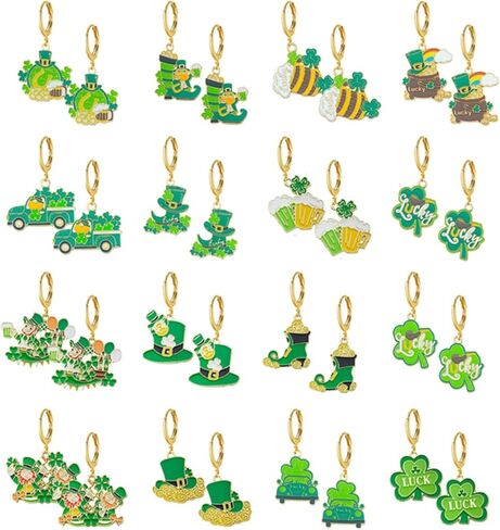 16 Pairs St Patricks Day Earrings Set for Women Trendy Green Clover Hat Beer Car Boots Hoop Earrings Exquisite Enamel Earrings St. Patrick's Day Accessories Green Jewelry Gift in Saudi Arabia