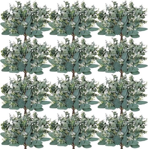 20 Pcs Mixed Eucalyptus Leaves Stems Bulk with White Seeds Artificial Silver Dollar Leaves Spray Faux Oval Eucalyptus Leaves for Vase Wedding Greenery Bouquet Floral Wreath Decoration in Saudi Arabia
